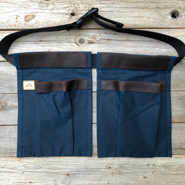 Adult size Dark Blue Waxed Canvas and Leather Collecting Pockets