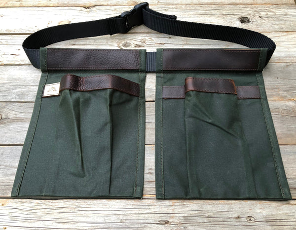 Adult size Dark Green Waxed Canvas and Leather Collecting Pockets
