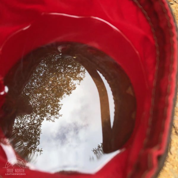 reflection of the sky and a tree in the water in a red waxed canvas bucket bag